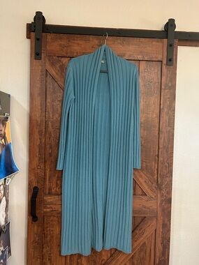Long Ribbed Open Cardigan in Teal,100% cashmere,super soft